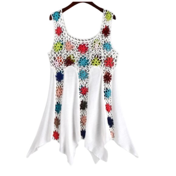 New Swimsuit Cover Up A-Line Gauzy with Crochet Flowers One Size - Picture 4 of 4